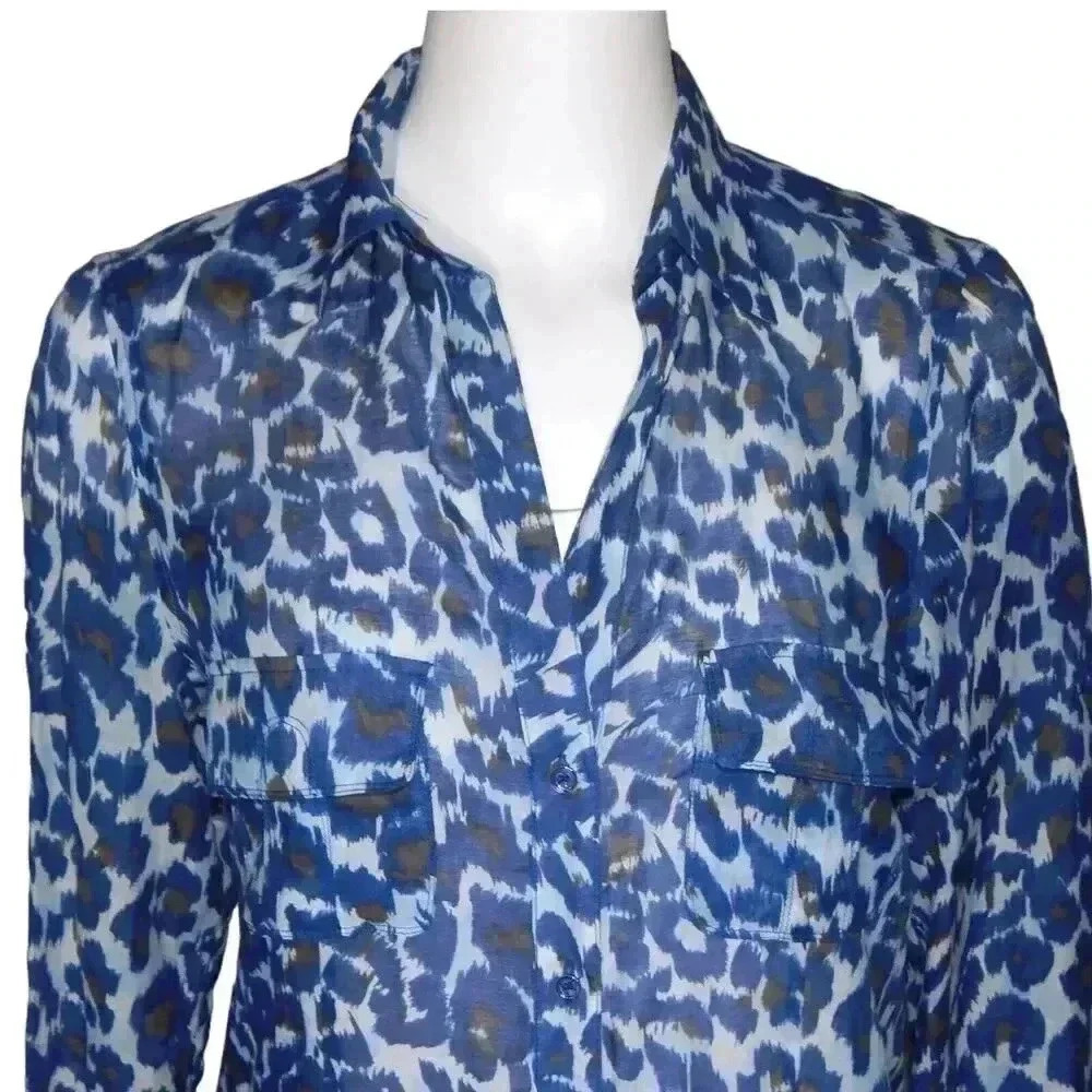 Gerard Darel Sheer Shirt Dress Size 38 US 6 Blue Leopard Print Tunic Cotton Silk